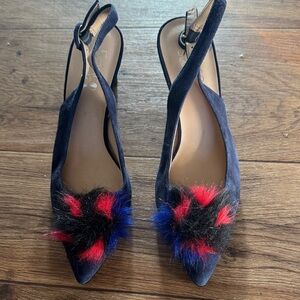 Franco Sarto Black Heels with Red and Blue Fur Accents